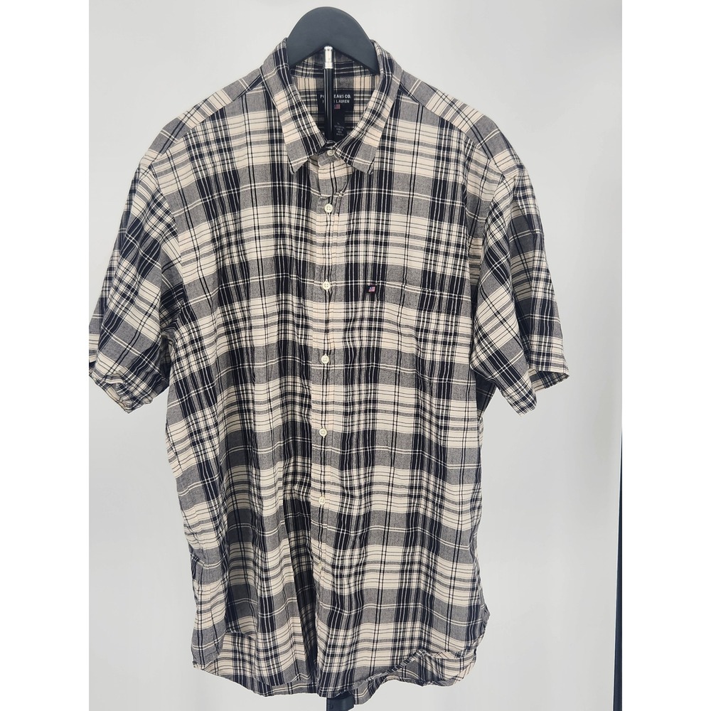 Polo Jeans Co Ralph Lauren Mens XL Black White Plaid Short Sleeve Button Up